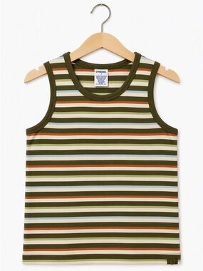 Vintage 2003 Gymboree Olive Green Earthy Striped Skater Unisex Tank Top 7Y Y2K